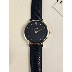 CLUSE Women's Quartz Watch Minuit Black Leather Strap‎ Gold Case Black Dial NWT